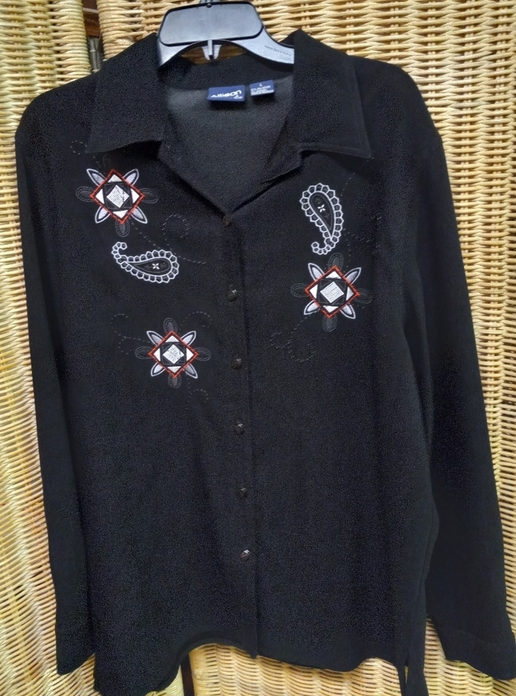 Allison & Co Shirt Button Womens Black Embroidery Poly-Spandex Size L/48